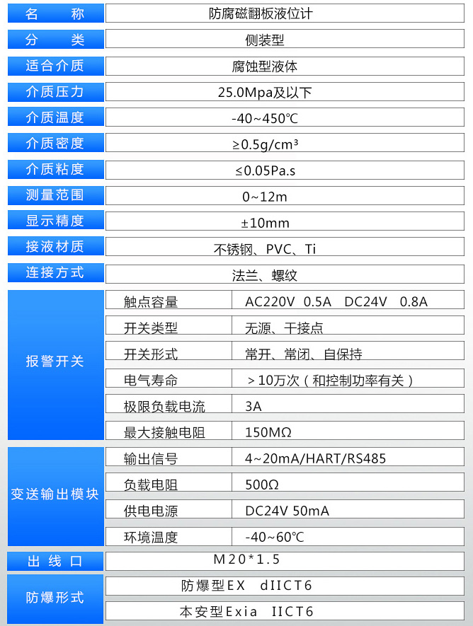 防霜磁浮子液位計技術(shù)參數表