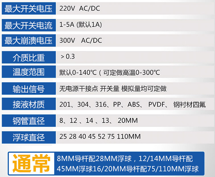 浮球液位計技術(shù)參數對照表